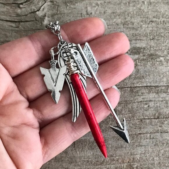 Silvertone Charm Necklace with Red Stone Spike Unisex 24 Inch Chain - Picture 2 of 6